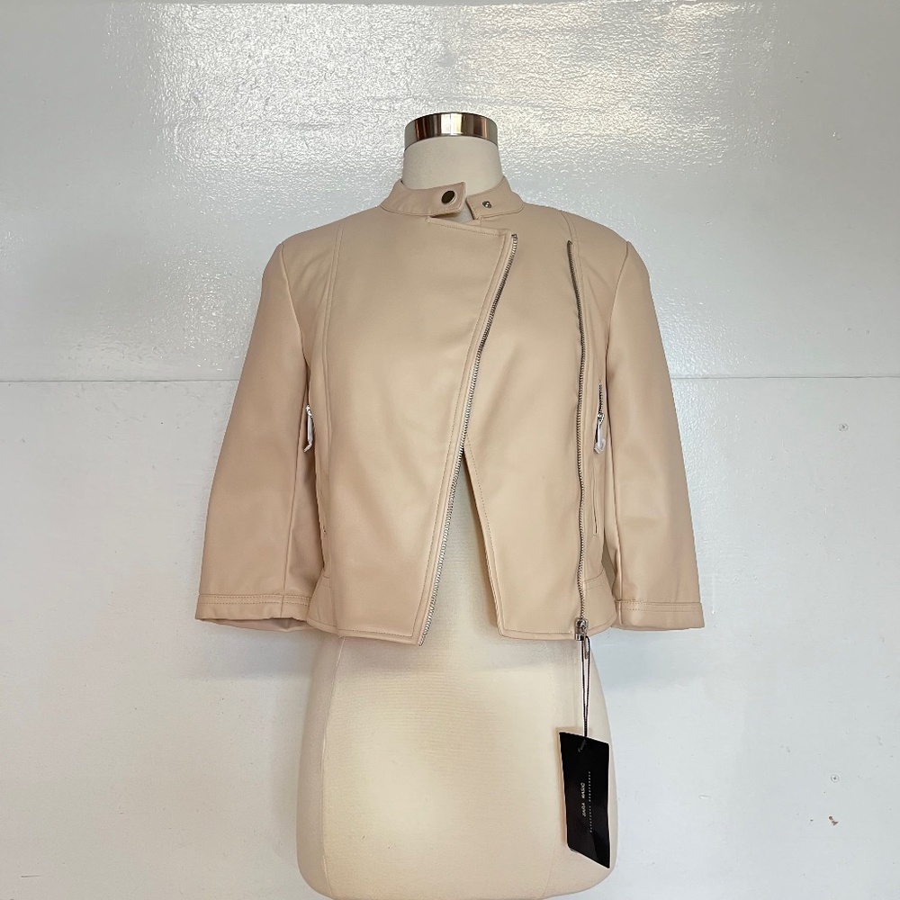 Zara Cropped Faux Leather Jacket Pastel Pink Cream Ivory Asymmetric Boxy
